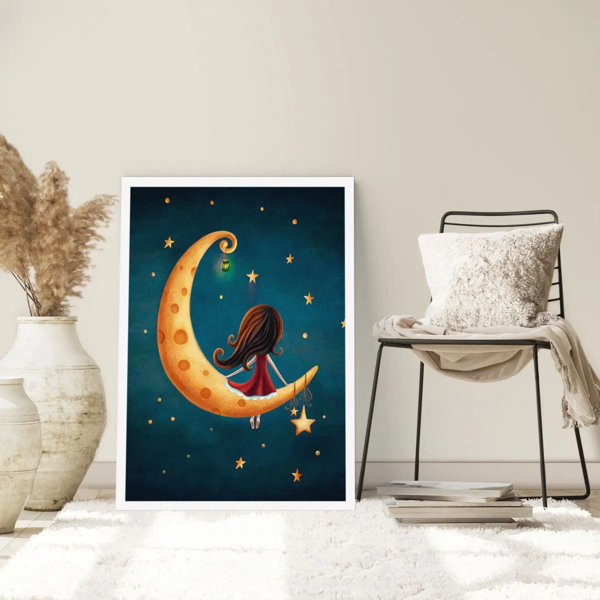 Poster - Una ragazza sulla luna circondata da stelle e una lanterna - 50x70cm - Una volta... - Decorazione murale moderna per soggiorno e camera da letto ARTTOR