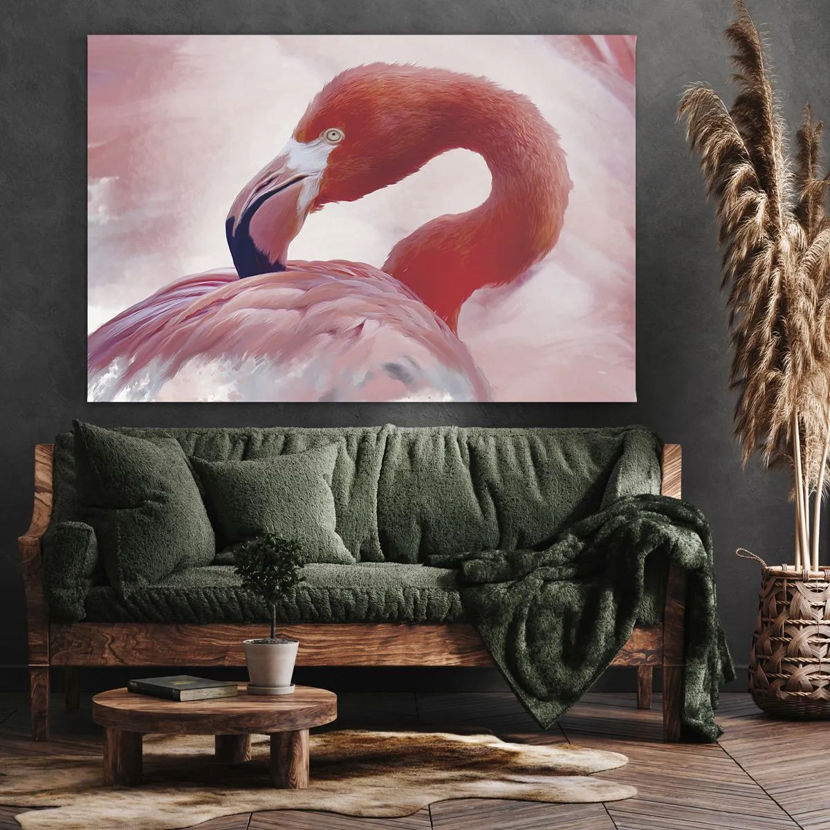 Quadro su tela - Stampe su Tela - Un fenicottero nei toni del rosa su uno sfondo chiaro - 70x50cm - Bellezza alata - Decorazione murale moderna per soggiorno e camera da letto ARTTOR