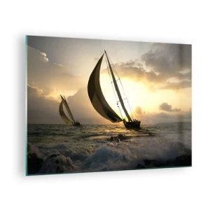 Quadro su vetro - Barche a vela in un mare in tempesta durante il tramonto - 70x50cm - Con il vento e controvento - Decorazione murale moderna per soggiorno e camera da letto ARTTOR