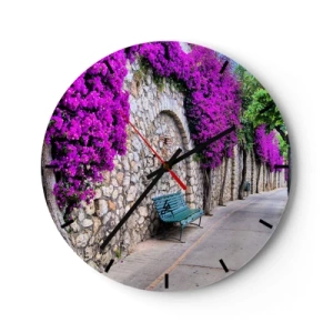 Orologio da parete - Orologio in Vetro - Una strada con un muro di pietra e fiori viola - 30x30cm - Incontriamoci al più presto - Decorazione murale moderna per soggiorno, cucina e camera da letto ARTTOR