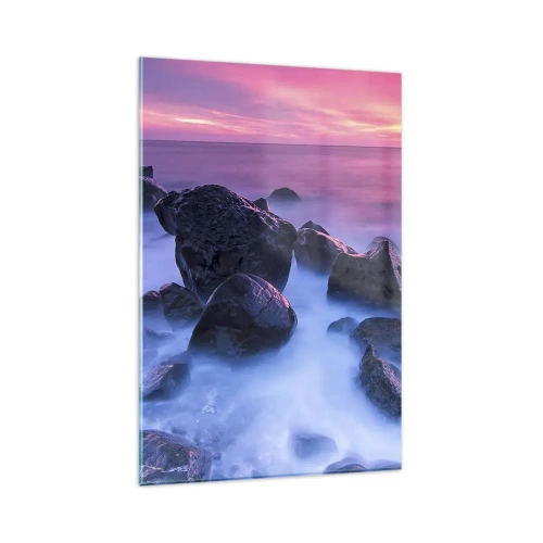Quadro su vetro - Costa rocciosa al tramonto - 80x120cm - Nascita nella luce e nella nebbia - Decorazione murale moderna per soggiorno e camera da letto ARTTOR