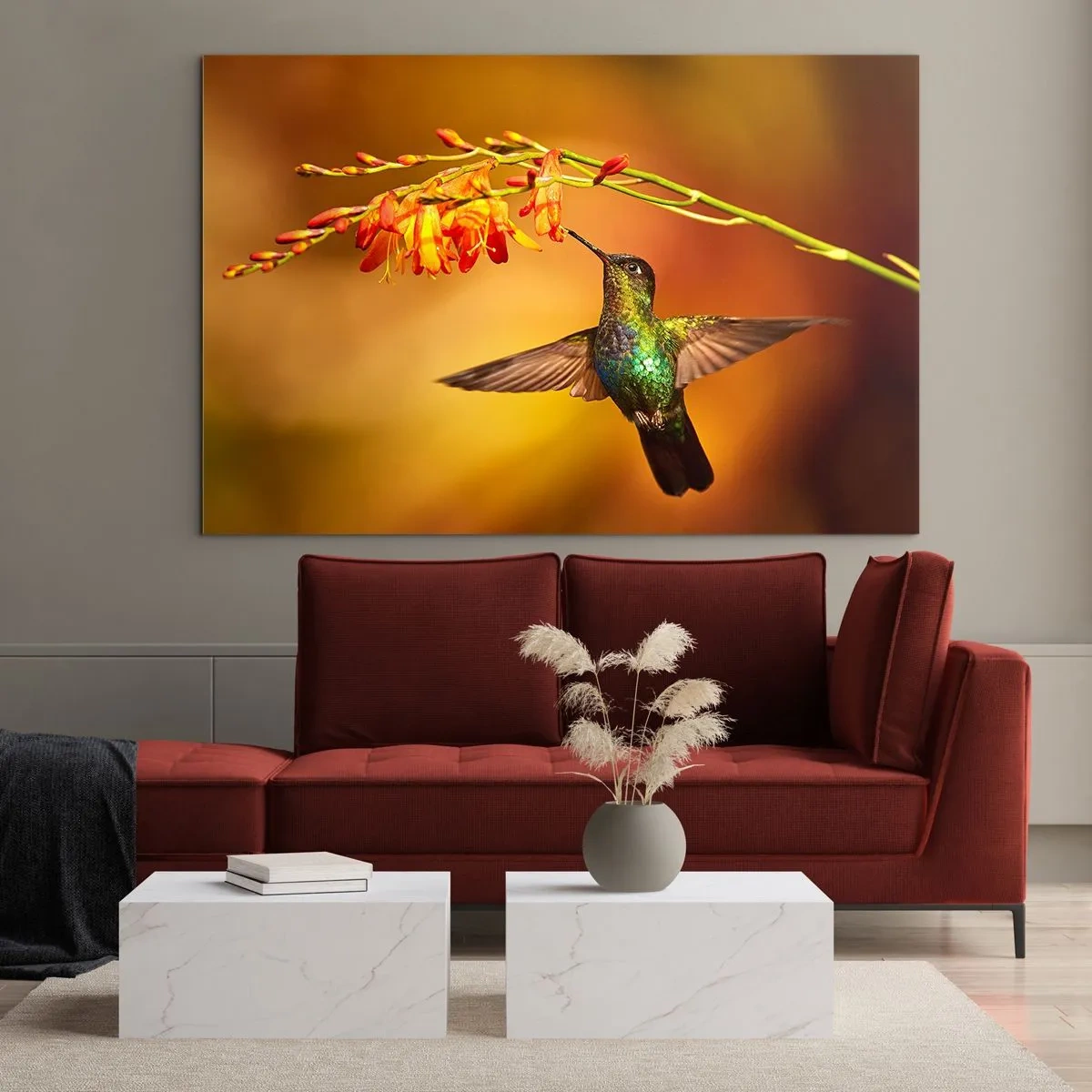 Quadro su vetro - Colibrì tra i fiori in un bagliore dorato - 120x80cm - Messaggero di luce secondo i Maya - Decorazione murale moderna per soggiorno e camera da letto ARTTOR