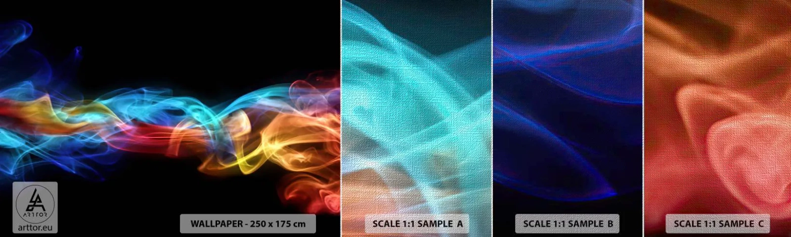 Campione di Fotomurale Premium Canvas - La danza arcobaleno delle nebbie - Astrazione, Grafica, Fiamme Colorate - 100x30 cm