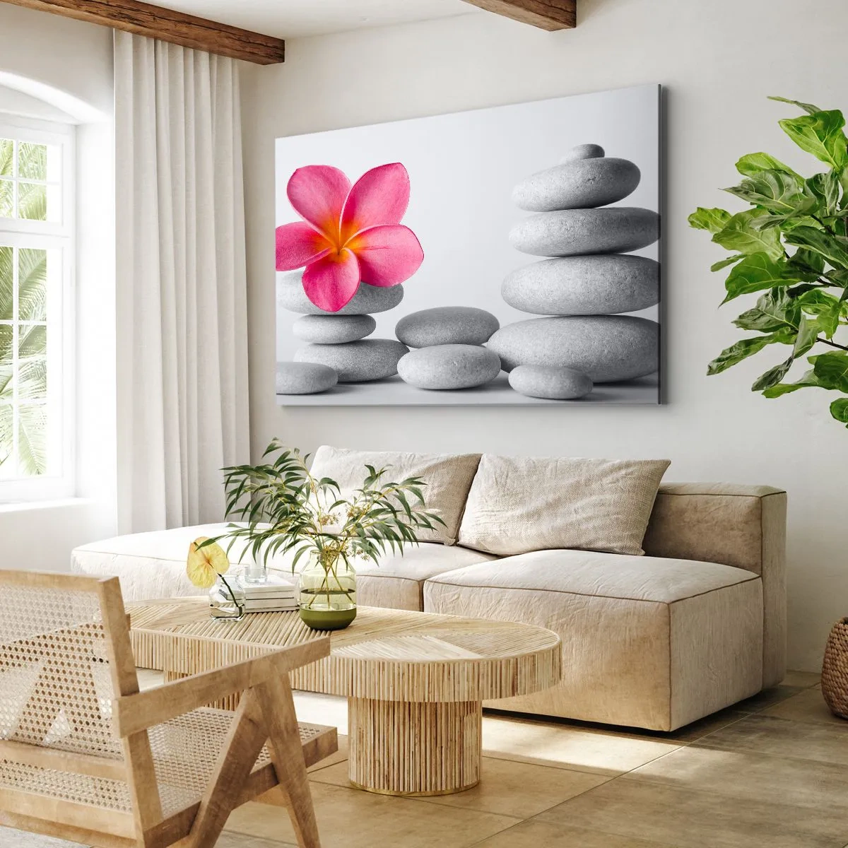 Quadro su tela - Stampe su Tela - Fiore rosa su pietre in stile zen - 100x70cm - Pietra su pietra, e su questa pietra... - Decorazione murale moderna per soggiorno e camera da letto ARTTOR