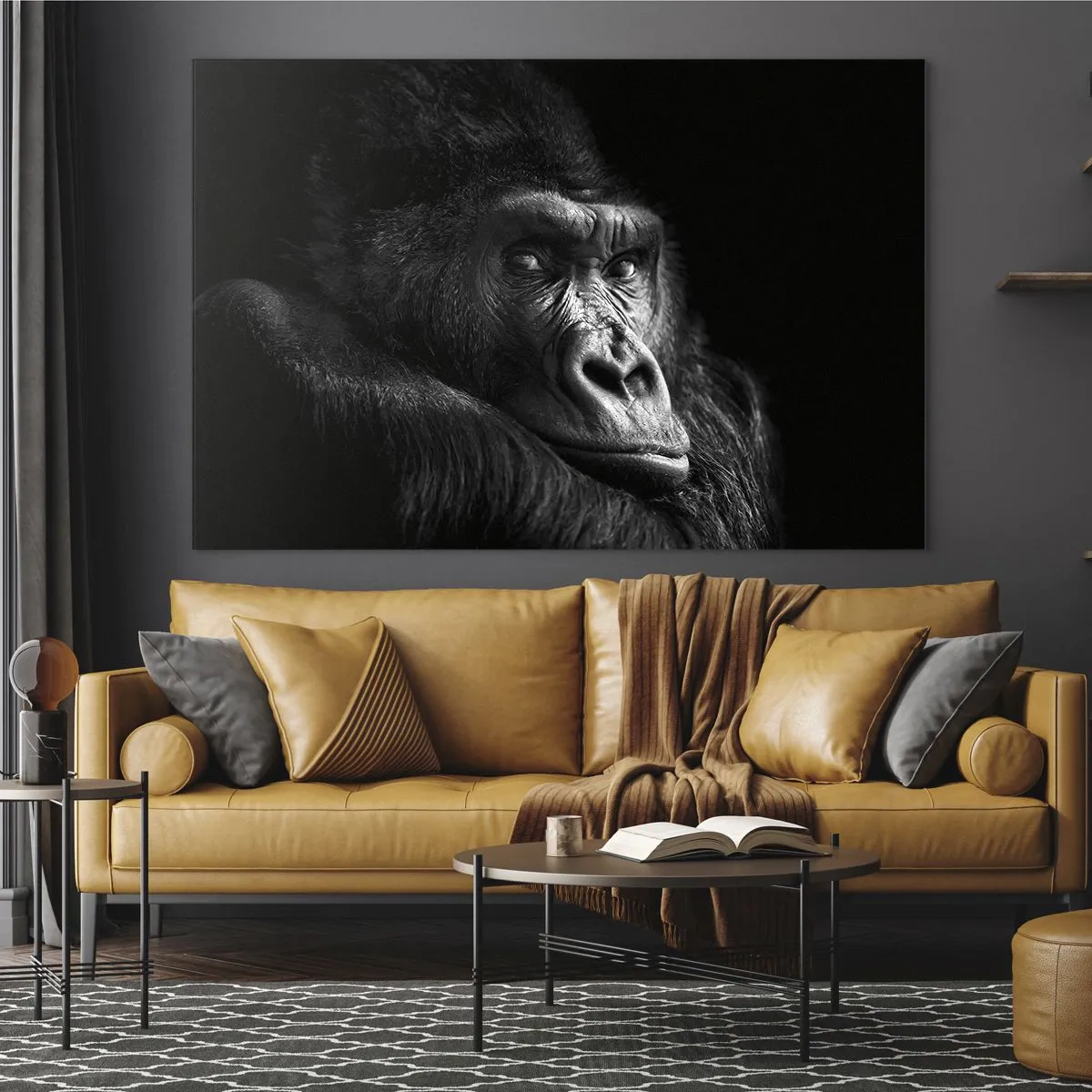 Quadro su vetro - Ritratto in bianco e nero di un gorilla all'ombra di una finestra - 70x50cm - E cosa guardi? - Decorazione murale moderna per soggiorno e camera da letto ARTTOR