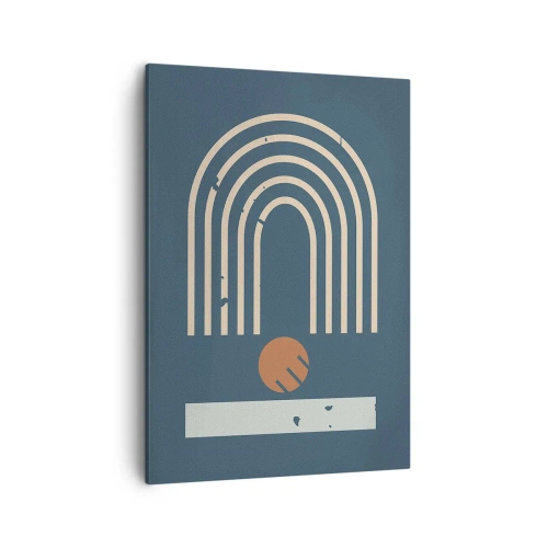 Quadro su tela - Stampe su Tela - Motivo geometrico nei toni del blu navy, beige e arancione su sfondo scuro - 50x70cm - Geometria in blu - Decorazione murale moderna per soggiorno e camera da letto ARTTOR