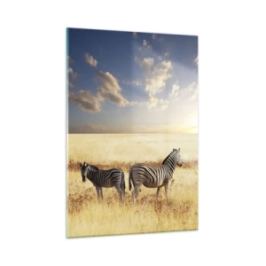 Quadro su vetro - Due zebre nella savana al tramonto - 50x70cm - Allontanati, non disturbare - Decorazione murale moderna per soggiorno e camera da letto ARTTOR