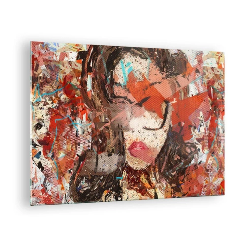 Quadro su vetro - Ritratto astratto di una donna nei toni del rosso e del beige - 70x50cm - Nessuno sa come sei veramente - Decorazione murale moderna per soggiorno e camera da letto ARTTOR