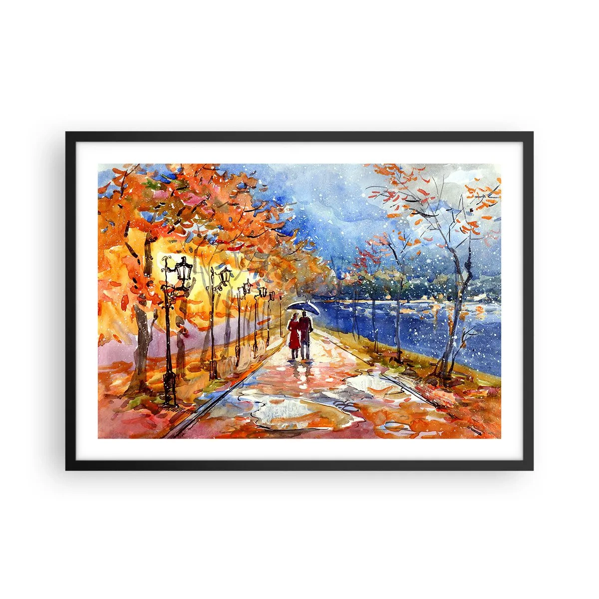 Poster in cornice nera - Una passeggiata autunnale nel parco sulla riva del fiume sotto l'ombrellone - 70x50cm - Insieme fino ai confini del tempo - Decorazione murale moderna per soggiorno e camera da letto ARTTOR