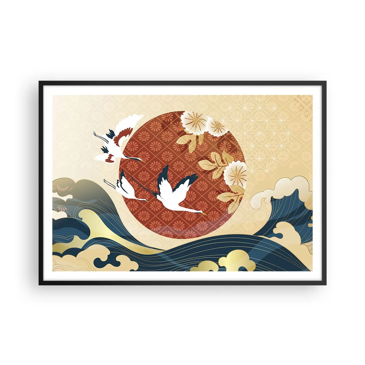 Poster in cornice nera - Composizione giapponese con gru e onde - 100x70cm - Favola giapponese - Decorazione murale moderna per soggiorno e camera da letto ARTTOR