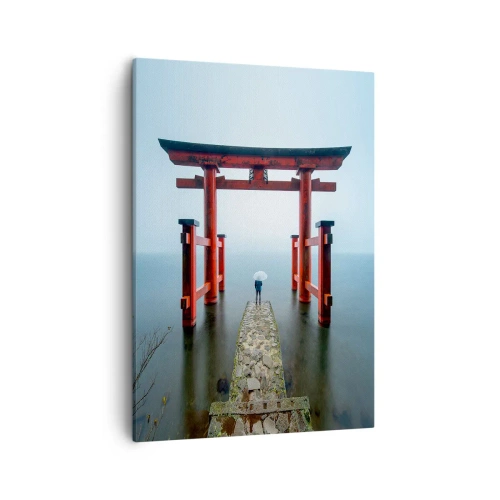 Quadro su tela - Stampe su Tela - Un cancello torii che si affaccia su un tranquillo lago in Giappone - 50x70cm - Meditazione giapponese - Decorazione murale moderna per soggiorno e camera da letto ARTTOR