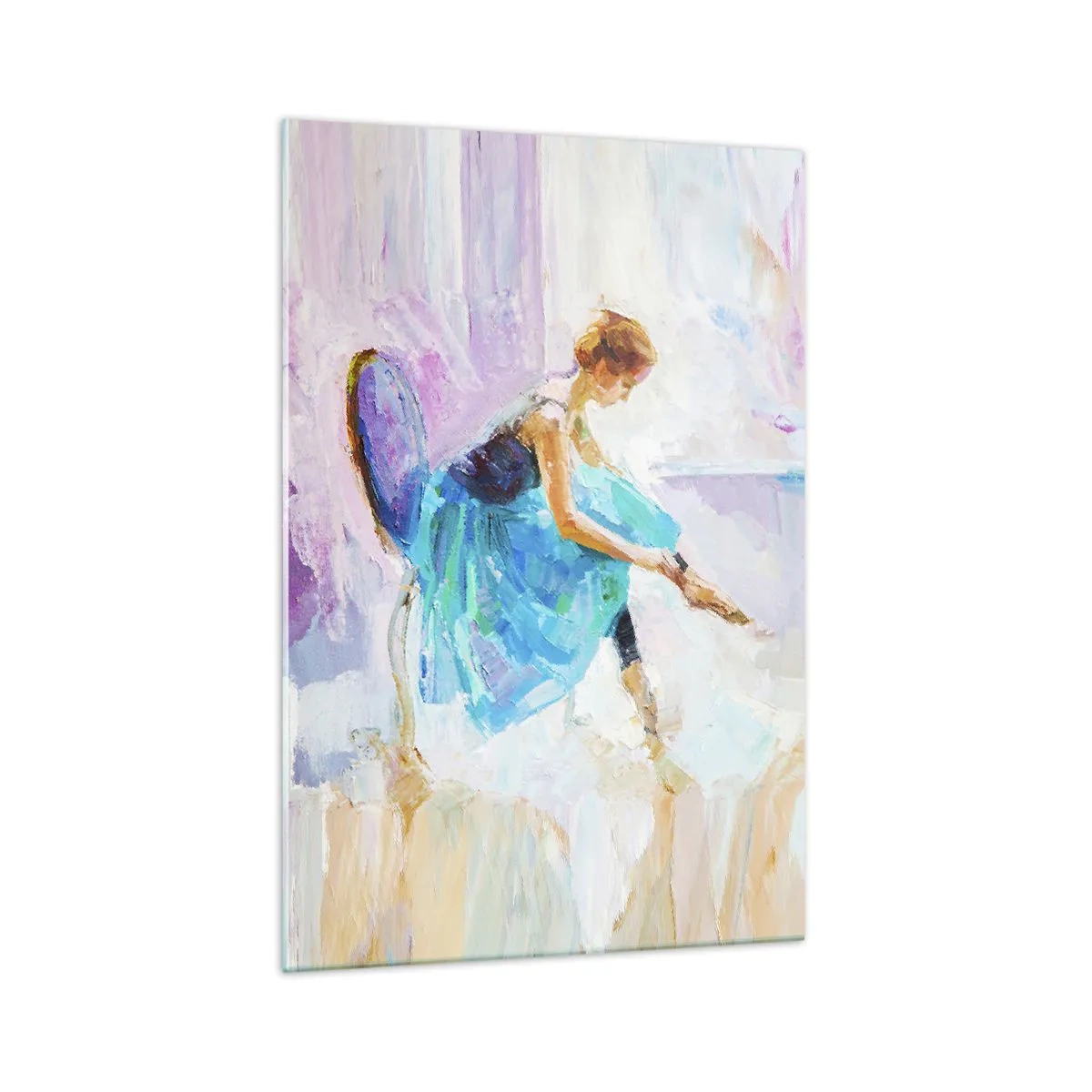 Quadro su vetro - Una ballerina si prepara a ballare in tonalità pastello. - 70x100cm - Grazia ineffabile, fascino sottile - Decorazione murale moderna per soggiorno e camera da letto ARTTOR