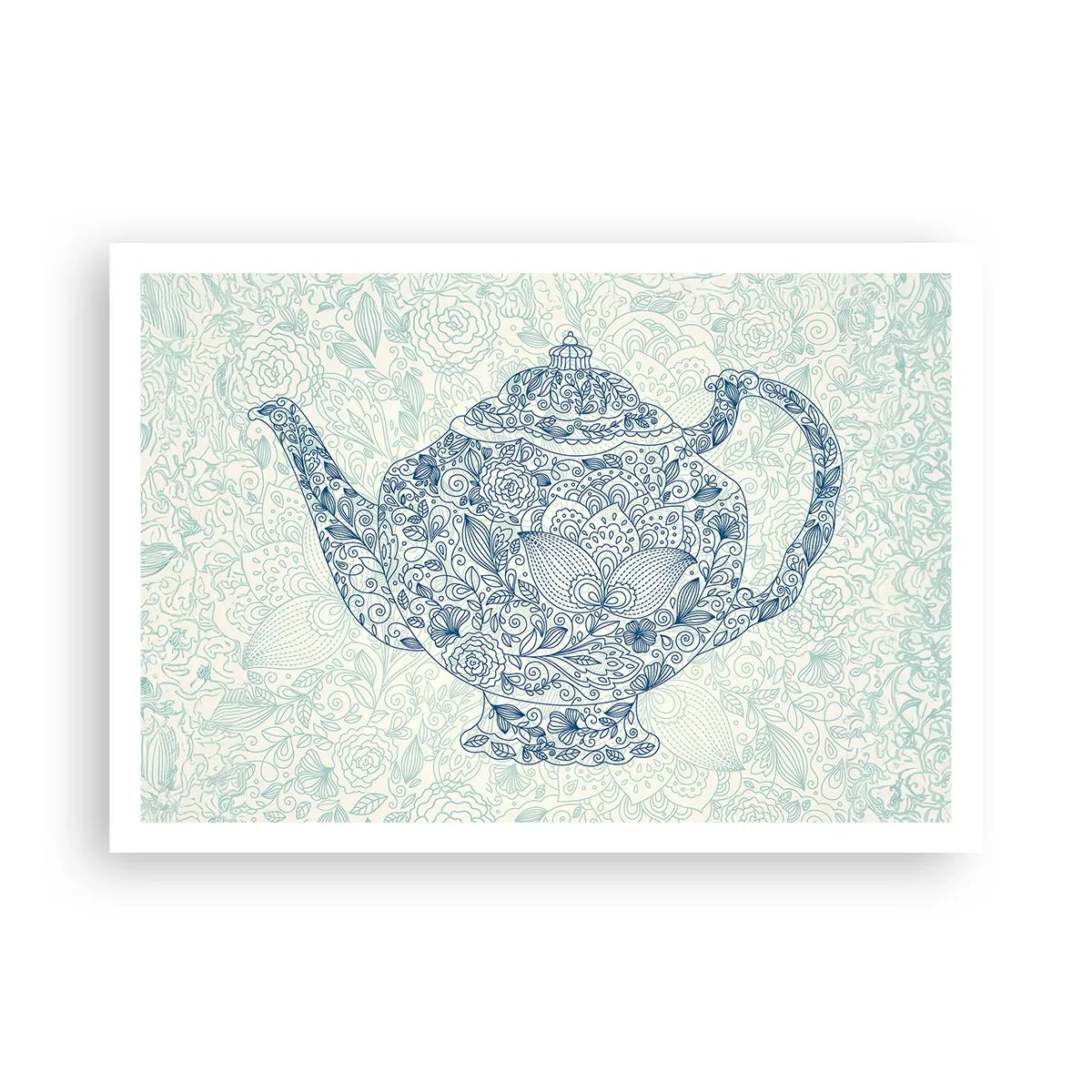 Poster - Disegno decorativo di una teiera con ornamenti blu - 100x70cm - Magia del tè - Decorazione murale moderna per soggiorno e camera da letto ARTTOR