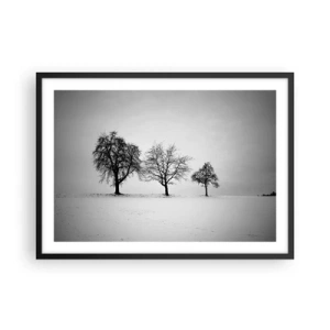 Poster in cornice nera - Tre alberi in un campo innevato in stile monocromatico - 70x50cm - Cosa sognano? - Decorazione murale moderna per soggiorno e camera da letto ARTTOR