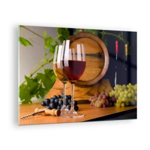 Quadro su vetro - Bicchieri di vino, uva e una botte su uno sfondo di foglie di vite - 70x50cm - Come presso gli antichi conoscitori - Decorazione murale moderna per soggiorno e camera da letto ARTTOR