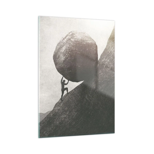 Quadro su vetro - Una figura che spinge un masso in salita contro un paesaggio montuoso - 50x70cm - Credo contro ogni speranza - Decorazione murale moderna per soggiorno e camera da letto ARTTOR