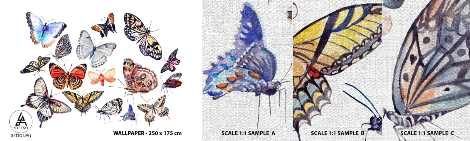 Campione di Fotomurale Premium Canvas - Sciame delicato e colorato - Per bambini, Farfalle colorate, Grafica - 100x30 cm