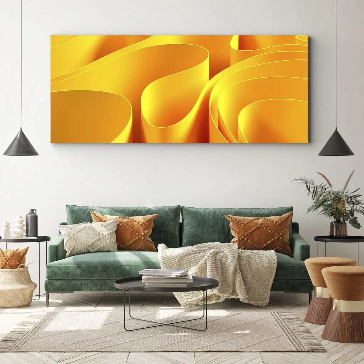 Quadro su tela - Stampe su Tela - Onde astratte gialle che ricordano i raggi del sole - 140x50cm - Come onde di sole - Decorazione murale moderna per soggiorno e camera da letto ARTTOR