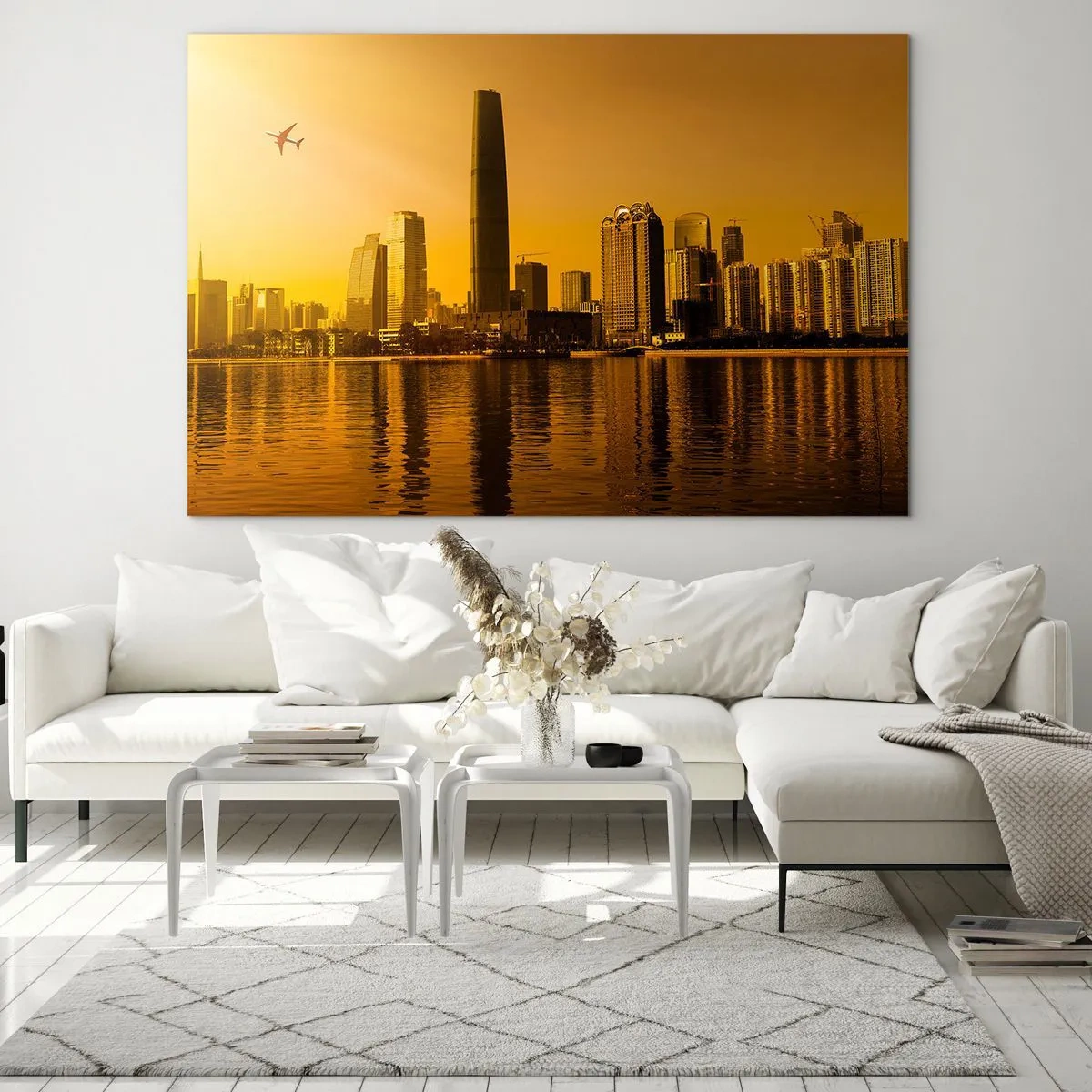 Quadro su vetro - Una città moderna con grattacieli al tramonto - 120x80cm - Città d'oro - Decorazione murale moderna per soggiorno e camera da letto ARTTOR