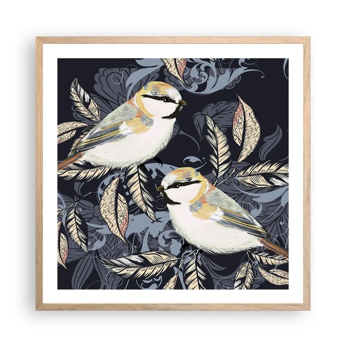 Poster in cornice rovere chiaro - Cinguettio oro e blu - 60x60 cm