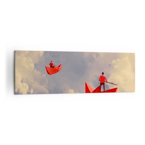 Quadro su tela - Stampe su Tela - Barche di carta rossa che galleggiano tra le nuvole - 160x50cm - La spedizione dei sognatori - Decorazione murale moderna per soggiorno e camera da letto ARTTOR