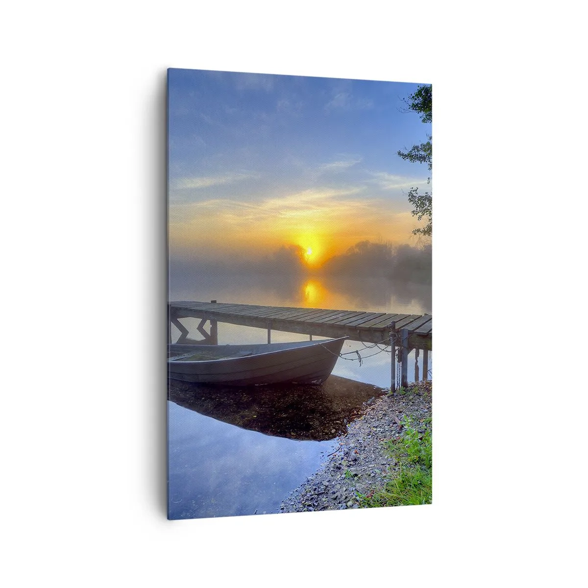 Quadro su tela - Stampe su Tela - Un molo sul lago all'alba con una barca sulla riva - 80x120cm - Come la normalità diventa magica - Decorazione murale moderna per soggiorno e camera da letto ARTTOR