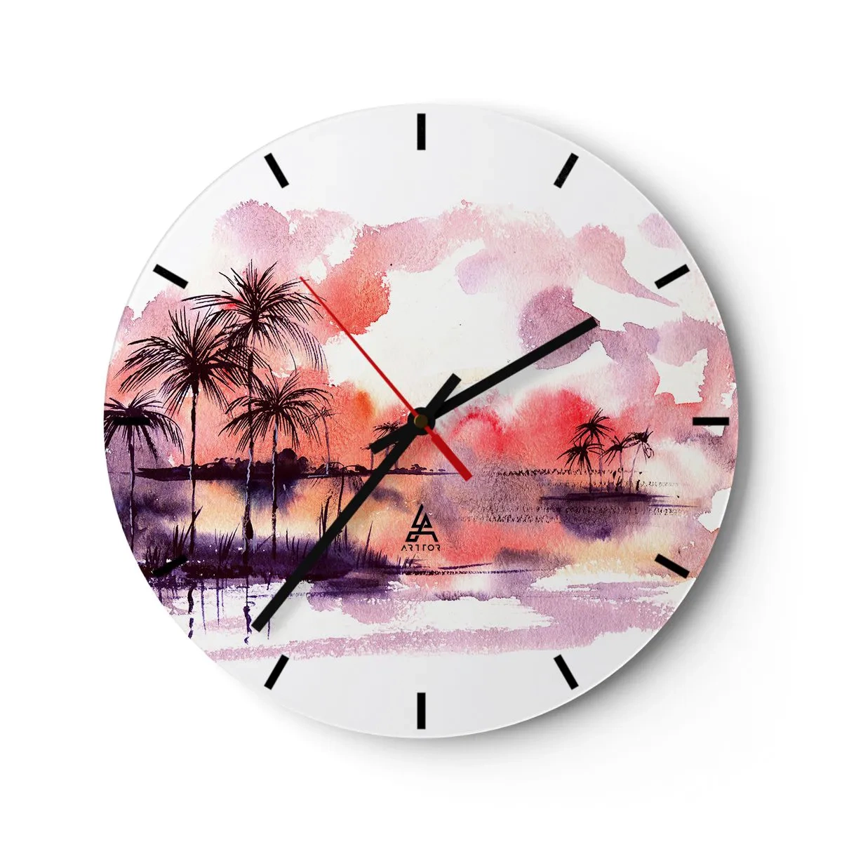 Orologio da parete - Orologio in Vetro - Paesaggio acquerello con palme al tramonto - 30x30cm - Pace dei tropici in rosso - Decorazione murale moderna per soggiorno, cucina e camera da letto ARTTOR