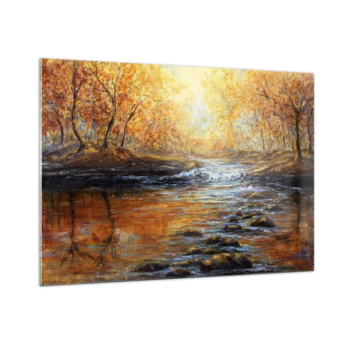 Quadro su vetro - Un ruscello dorato nella foresta circondato da alberi autunnali - 100x70cm - Ruscello d'oro - Decorazione murale moderna per soggiorno e camera da letto ARTTOR
