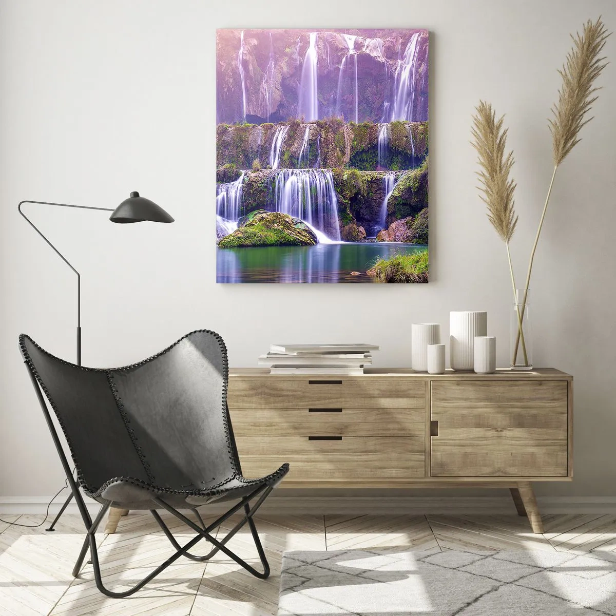 Quadro su vetro - Cascate immerse nel verde con luci pastello - 70x100cm - La scala verso il cielo - Decorazione murale moderna per soggiorno e camera da letto ARTTOR