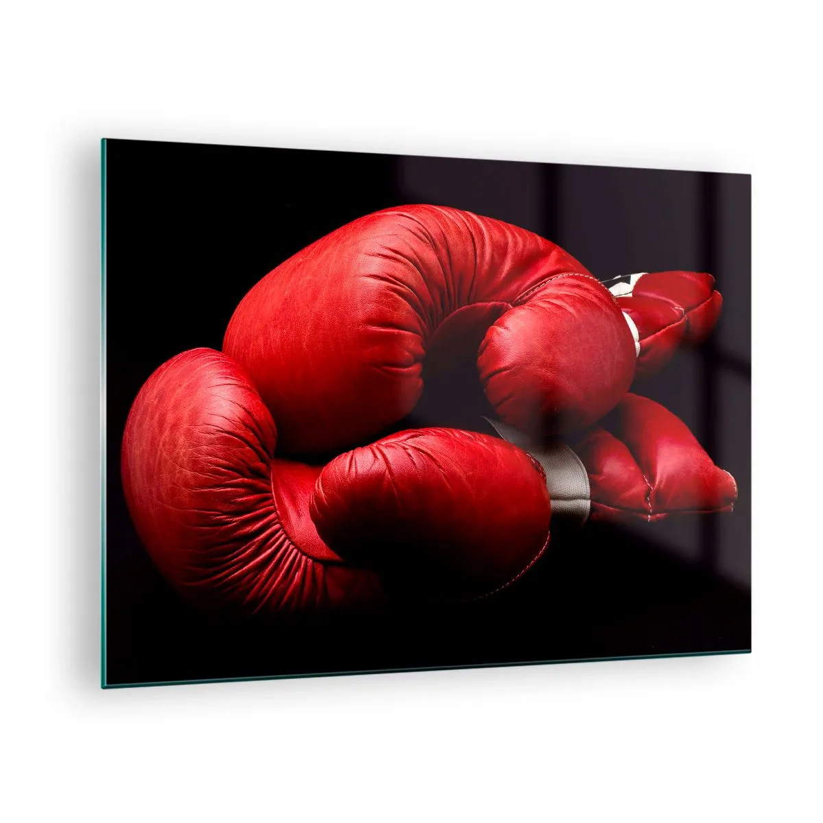Quadro su vetro - Guantoni da boxe rossi su sfondo nero - 70x50cm - Dopo le emozioni del combattimento - Decorazione murale moderna per soggiorno e camera da letto ARTTOR