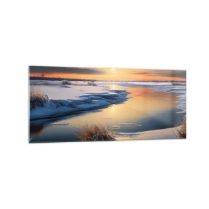 Quadro su vetro - Paesaggio invernale con un fiume al tramonto - 120x50cm - Tramonto invernale - Decorazione murale moderna per soggiorno e camera da letto ARTTOR