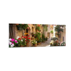 Quadro su vetro - Una strada con fiori in vaso e muri in pietra - 140x50cm - Un'esplosione di fiori - Decorazione murale moderna per soggiorno e camera da letto ARTTOR