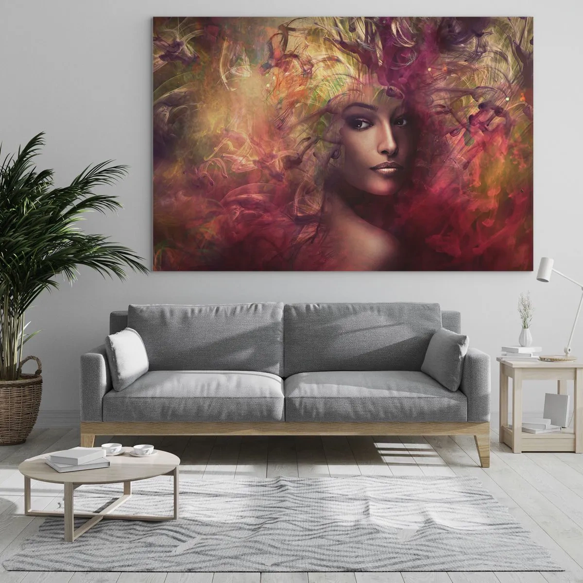 Quadro su vetro - Ritratto di una donna circondata da colori luminosi e astratti - 70x50cm - Sono qui! - Decorazione murale moderna per soggiorno e camera da letto ARTTOR