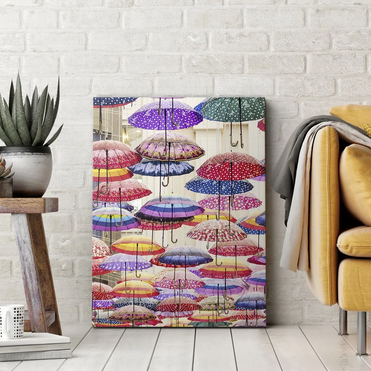 Quadro su tela - Stampe su Tela - Ombrelli colorati sospesi nell'aria - 70x100cm - Prato cittadino - Decorazione murale moderna per soggiorno e camera da letto ARTTOR