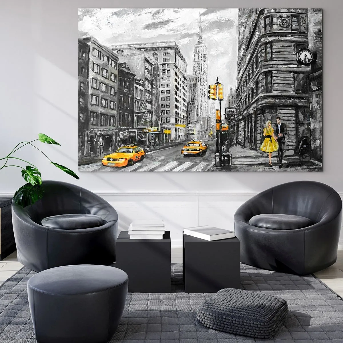 Quadro su vetro - Un'illustrazione della città di New York nei toni del bianco e del nero con accenti gialli. - 100x70cm - Racconto di New York - Decorazione murale moderna per soggiorno e camera da letto ARTTOR