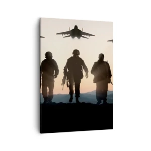 Quadro su tela - Stampe su Tela - Sagome di soldati e aerei da combattimento sullo sfondo del tramonto - 50x70cm - Benvenuto nel nostro mondo - Decorazione murale moderna per soggiorno e camera da letto ARTTOR