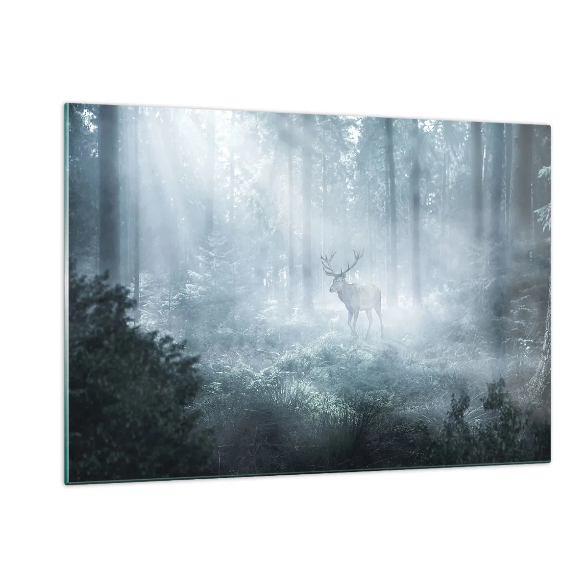 Quadro su vetro - Un cervo in una foresta nebbiosa illuminata dai raggi del sole mattutino - 120x80cm - Passeggiata mattutina sulle sue terre - Decorazione murale moderna per soggiorno e camera da letto ARTTOR