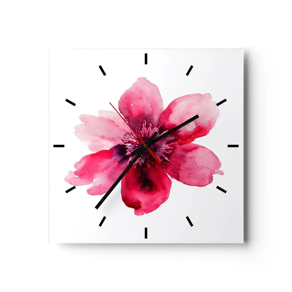 Orologio da parete - Orologio in Vetro - Fiore rosa in stile acquerello su sfondo bianco - 30x30cm - Bacio profumato al carminio  - Decorazione murale moderna per soggiorno e camera da letto ARTTOR