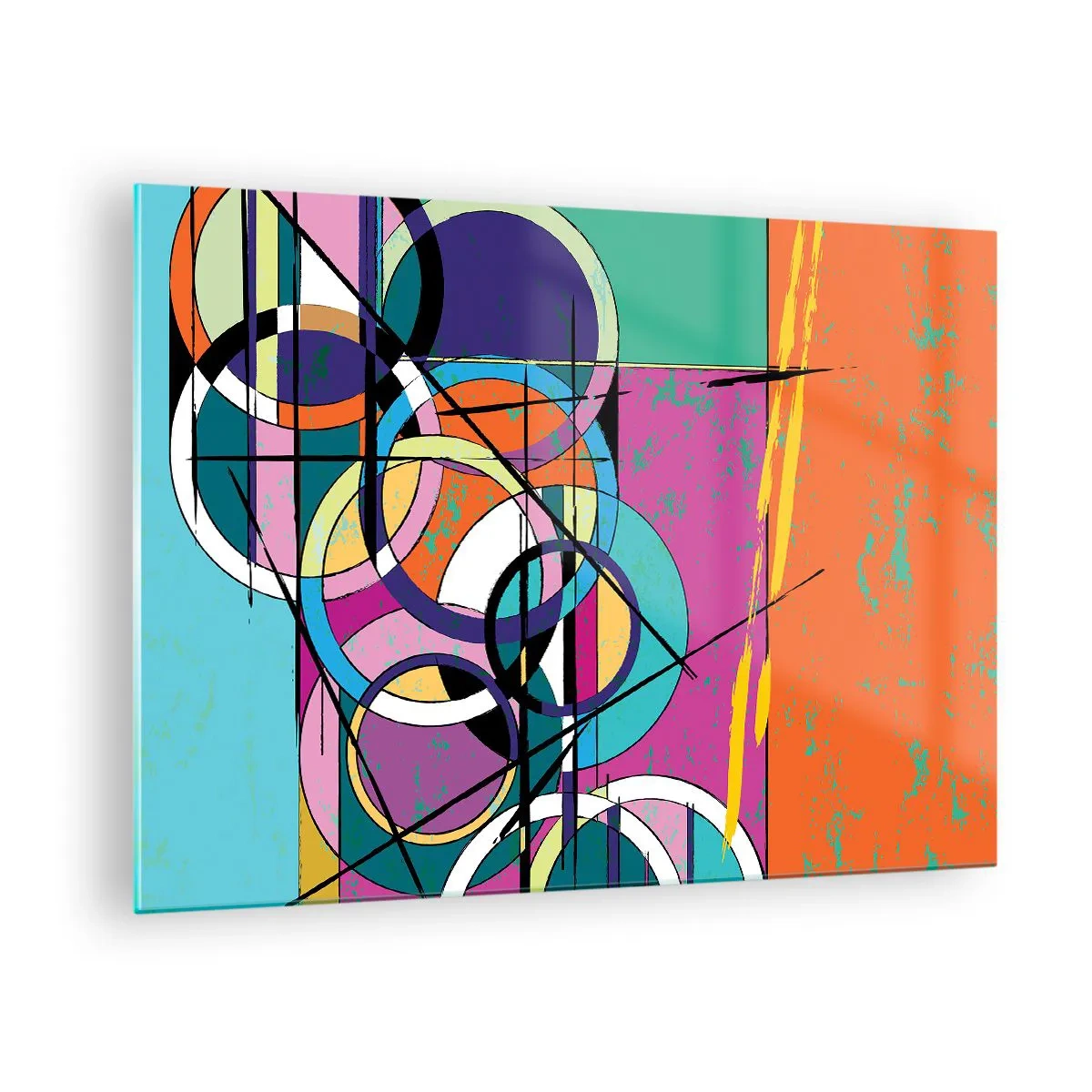 Quadro su vetro - Astrazione colorata con forme geometriche e cerchi - 70x50cm - Un cerchio dietro l'altro - Decorazione murale moderna per soggiorno e camera da letto ARTTOR