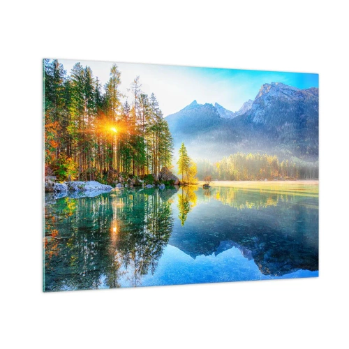 Quadro su vetro - Paesaggio montano con lago e sole mattutino - 70x50cm - Maestà e dolcezza - Decorazione murale moderna per soggiorno e camera da letto ARTTOR
