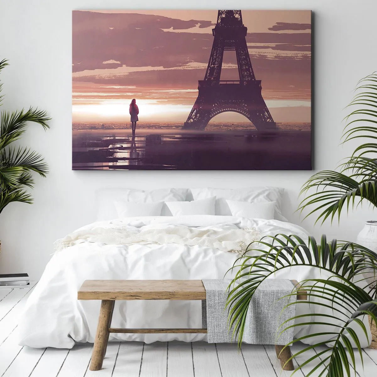 Quadro su tela - Stampe su Tela - Una figura che guarda la Torre Eiffel alla luce del sole al tramonto - 120x80cm - Solo loro due - Decorazione murale moderna per soggiorno e camera da letto ARTTOR