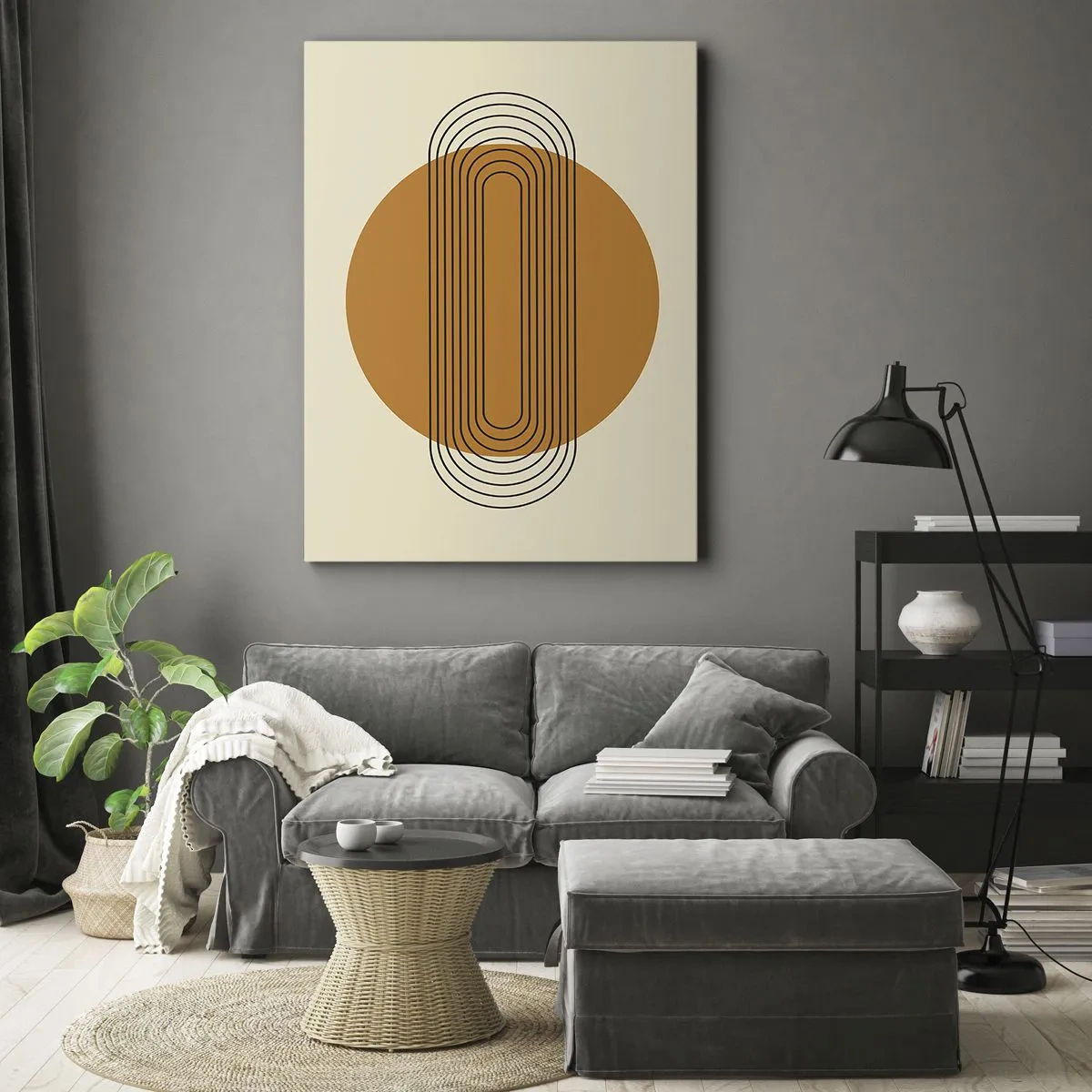 Quadro su tela - Stampe su Tela - Motivo geometrico con cerchi e linee arancioni - 50x70cm - Piano perfetto - Decorazione murale moderna per soggiorno e camera da letto ARTTOR