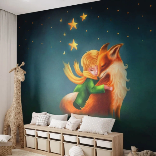 Fotomurali Premium Sand - Un ragazzo con una volpe sullo sfondo del cielo notturno e delle stelle - 100x70cm - Il piccolo principe - Decorazione murale moderna per soggiorno e camera da letto ARTTOR
