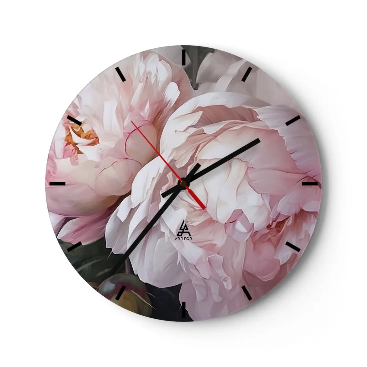 Orologio da parete - Orologio in Vetro - Delicate peonie rosa in primo piano - 30x30cm - L'attimo della fioritura - Decorazione murale moderna per soggiorno, cucina e camera da letto ARTTOR