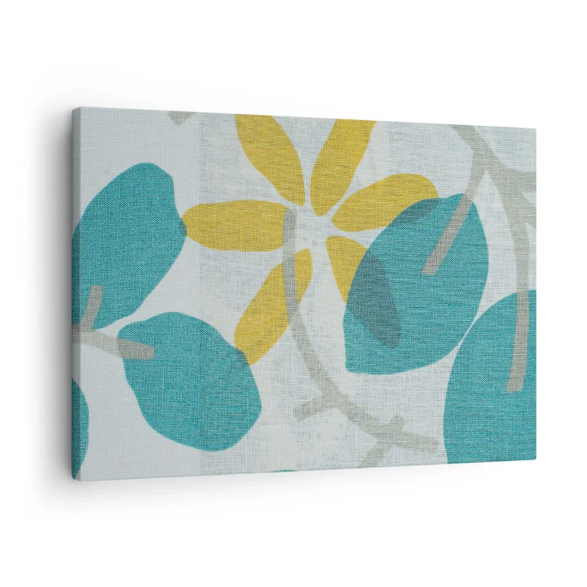 Quadro su tela - Stampe su Tela - Foglie nei toni del turchese e del giallo su uno sfondo chiaro - 70x50cm - Tra le foglie azzurre - Decorazione murale moderna per soggiorno e camera da letto ARTTOR