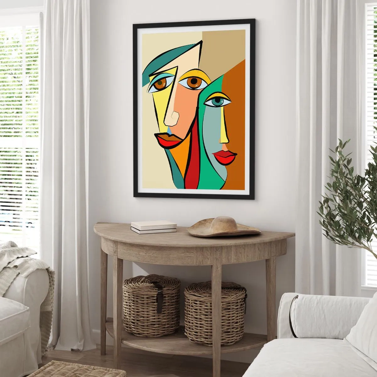 Poster in cornice nera - Volti astratti in stile cubista dai colori caldi - 50x70cm - Coppia cubista - Decorazione murale moderna per soggiorno e camera da letto ARTTOR