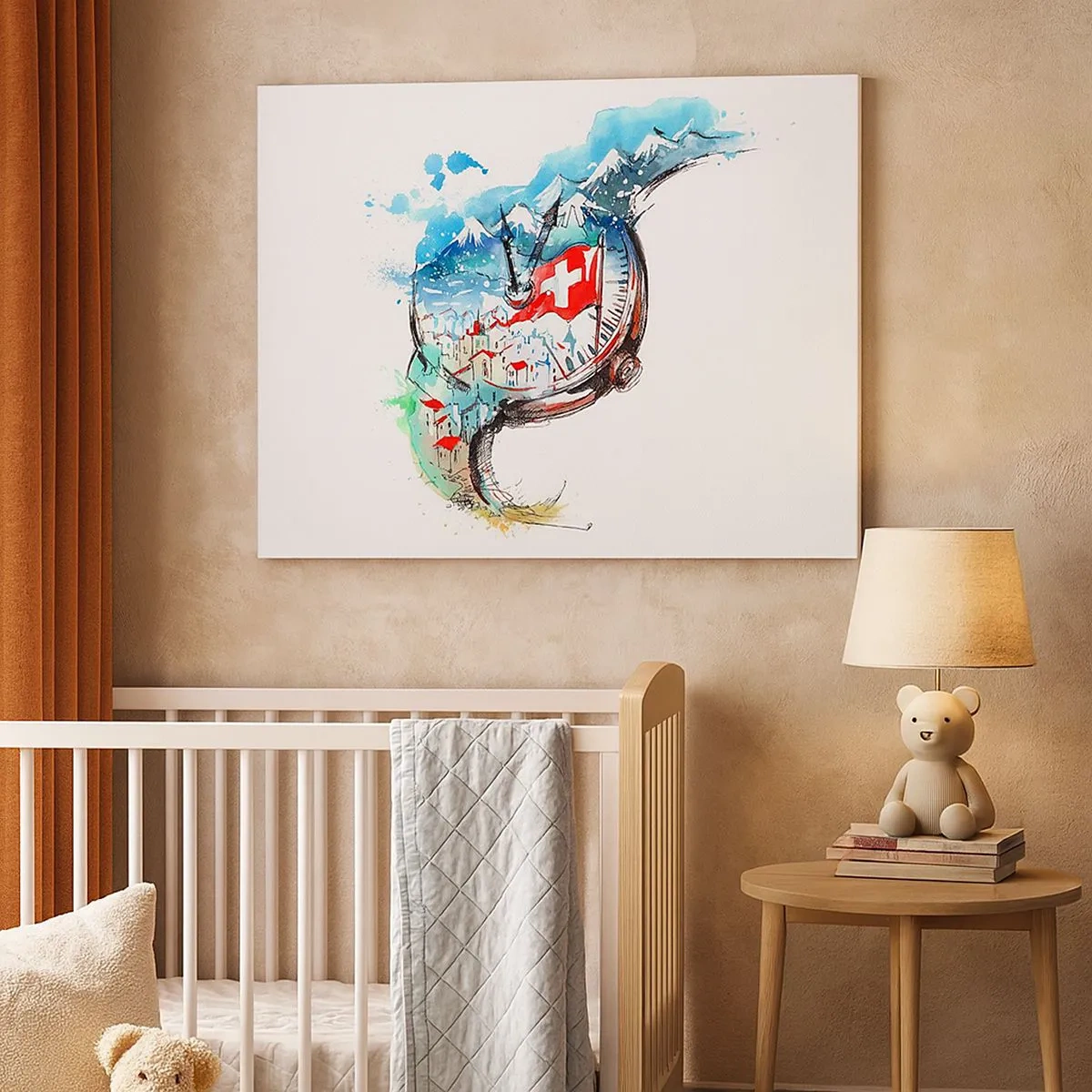 Quadro su tela - Stampe su Tela - Un paesaggio ad acquerello della Svizzera in un design a orologeria - 70x50cm - Lo spirito della Svizzera - Decorazione murale moderna per soggiorno e camera da letto ARTTOR