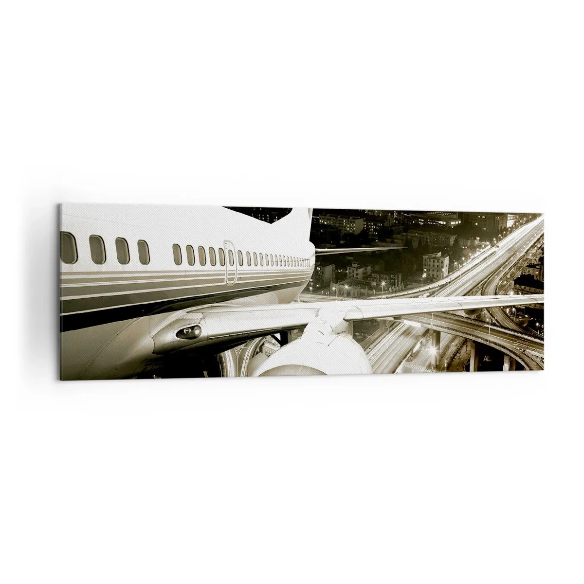 Quadro su tela - Stampe su Tela - Un aereo sopra una città notturna con autostrade illuminate - 160x50cm - Volare di notte - Decorazione murale moderna per soggiorno e camera da letto ARTTOR