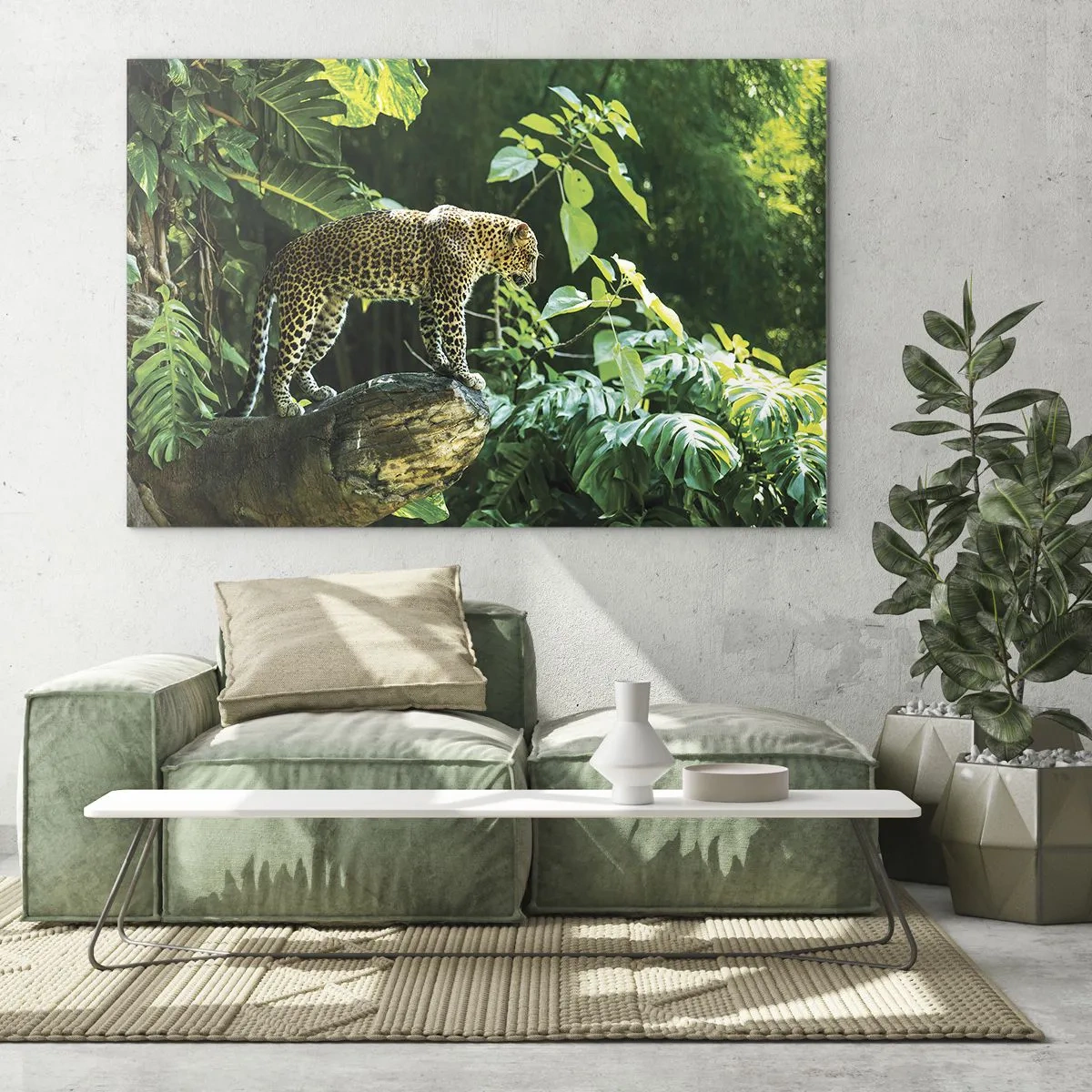 Quadro su vetro - Leopardo su una roccia nella giungla tropicale - 120x80cm - A caccia? - Decorazione murale moderna per soggiorno e camera da letto ARTTOR