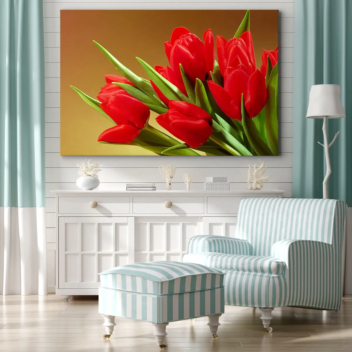Quadro su tela - Stampe su Tela - Un bouquet di tulipani rossi su uno sfondo dorato con foglie verdi. - 100x70cm - Un mazzo di gioia primaverile - Decorazione murale moderna per soggiorno e camera da letto ARTTOR